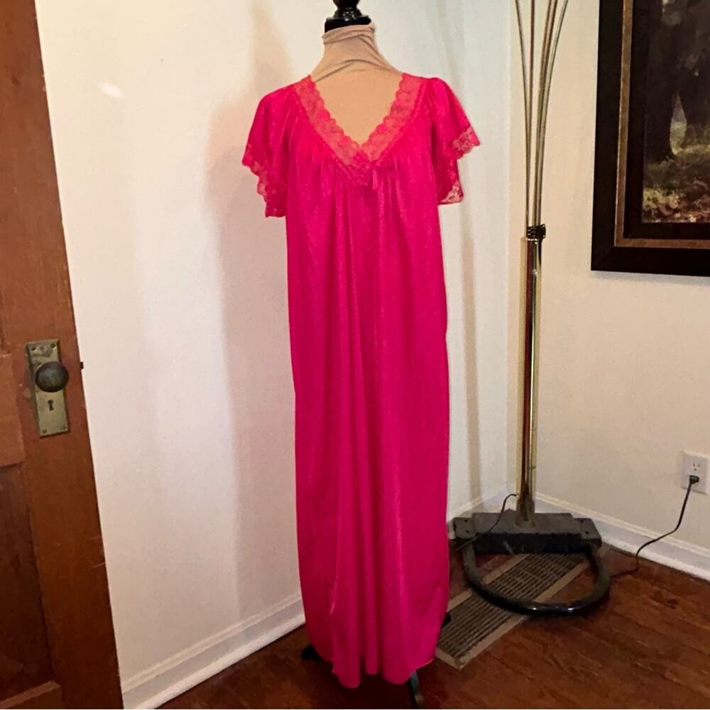 Vintage 80s Hot Pink Nylon Satin Lace Night gown Made in USA Large